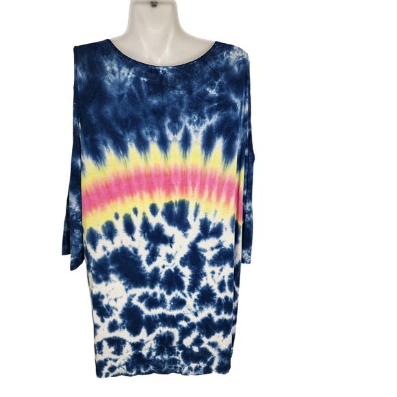 Erin London Womens Top Large Tie Dye 3/4 Sleeve Cold Shoulder Scoop Neck Blue - Picture 2 of 9